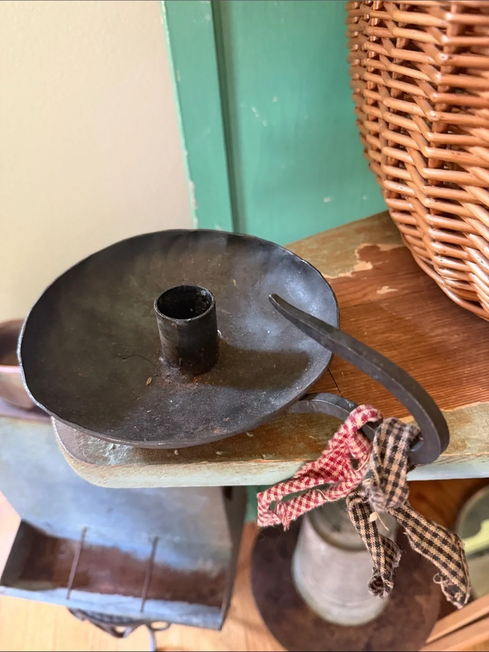 Vtg Primitive Forged Iron Heavy Duty Candle Holder and Snuffer